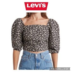 Levi’s Yvie square neck 3/4 sleeves cropped statement blouse size L NWT